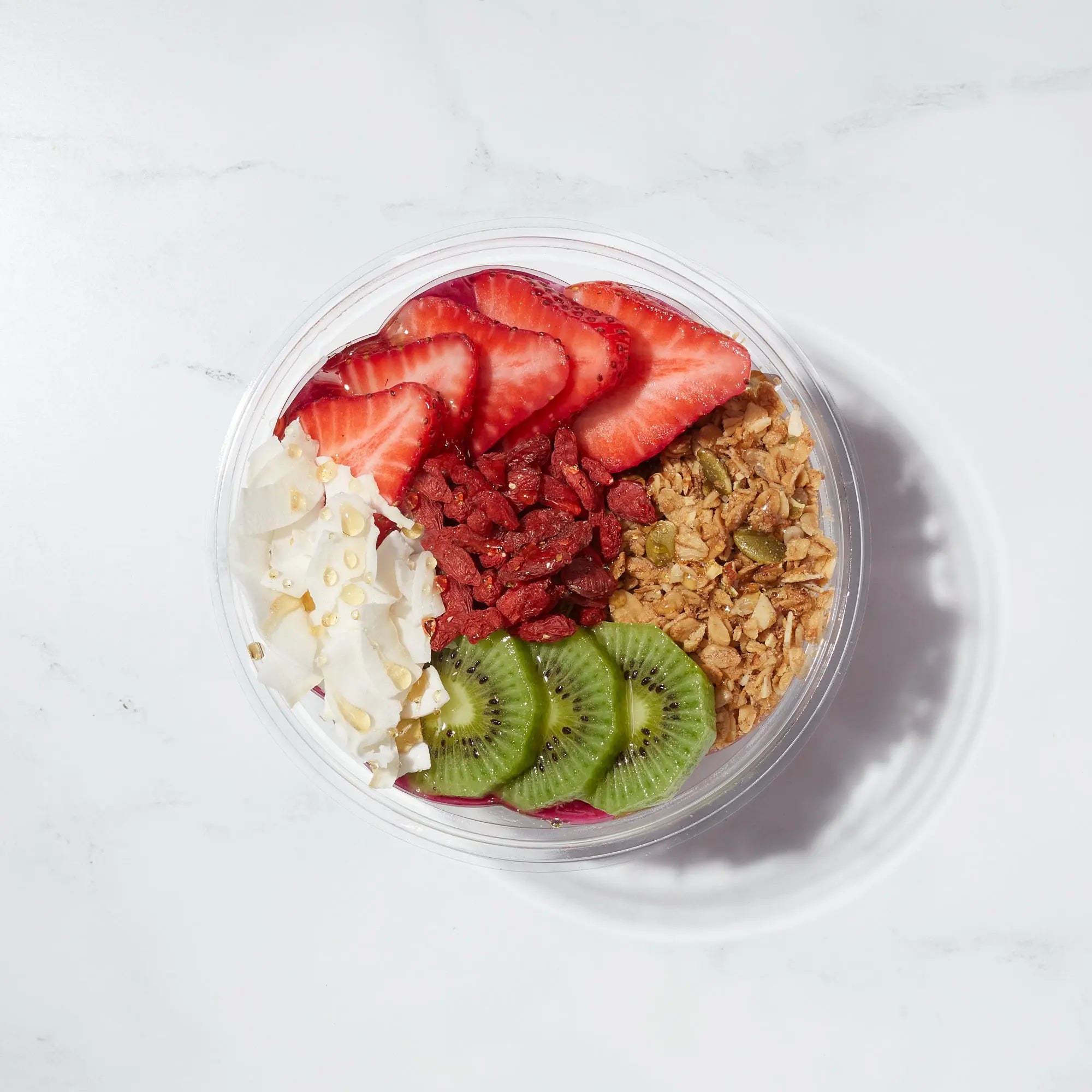 Dragonberry Bowl with Stawberries, Granola, and Kiwifruit